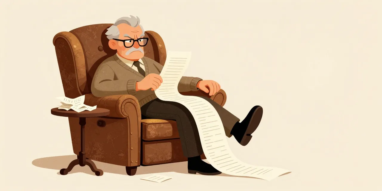 A grumpy elderly man in a worn armchair squinting at a long receipt that unrolls across his lap onto the floor