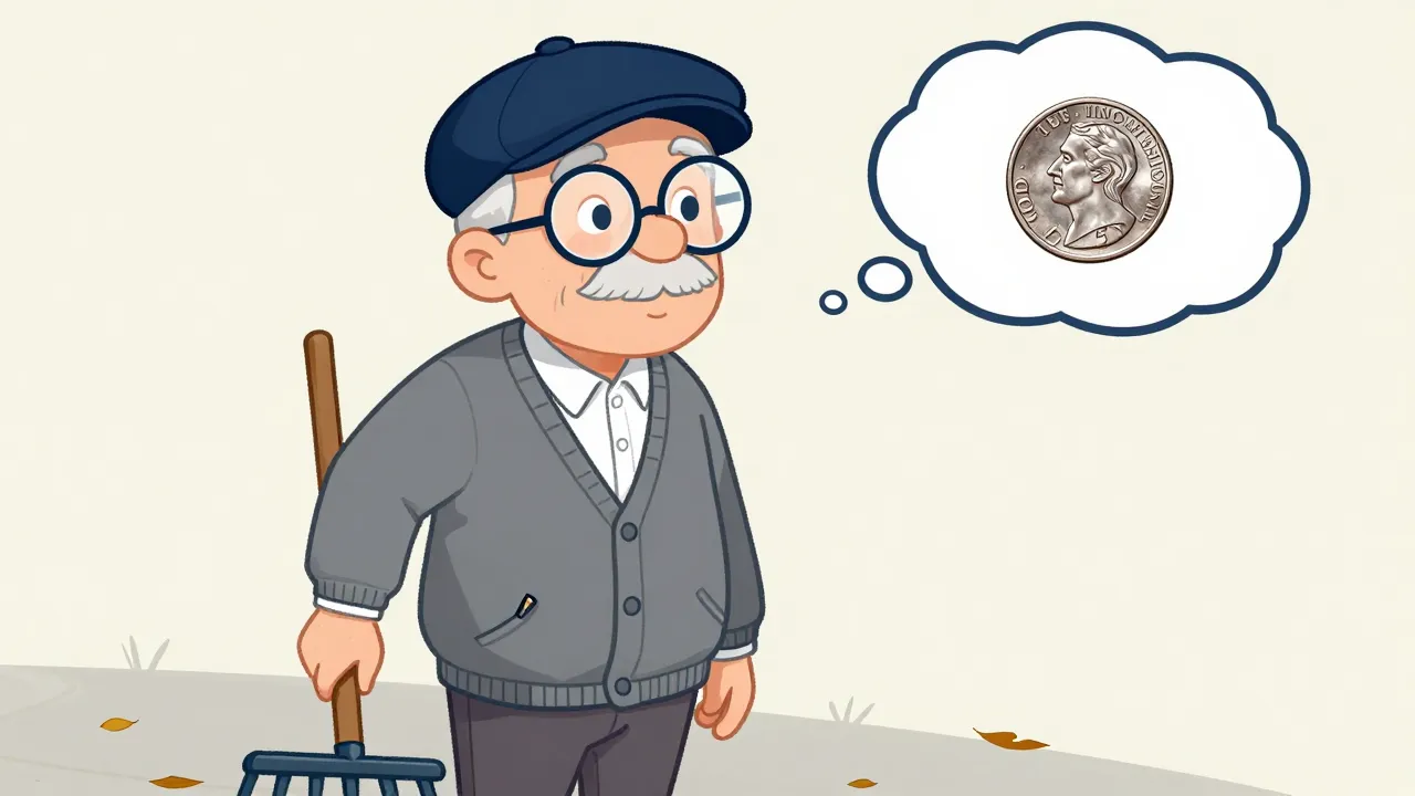 The Token Miser stands in a small front yard leaning on a wooden-handled rake, scattered autumn leaves at his feet, while a cartoon thought bubble above his head contains a single silver US quarter coin.