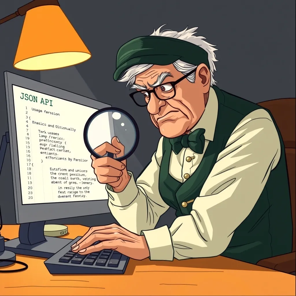 Grumpy old accountant in green visor and dark waistcoat, hunched at a lamplit desk, holding a magnifying glass up to a computer monitor showing a JSON API usage block